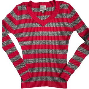 The Slope Brooklyn NY Womens Preppy Y2K Striped Fitted Ribbed V-Neck Sweater M